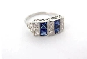 Art Deco Round Lab Created Diamond & Sapphire Engagement Ring 14K White Gold FN - Picture 1 of 9