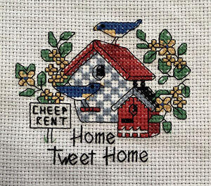 Completed Finished 14-Ct Counted Cross Stitch Bluebirds’ Home Tweet Home 8x8”