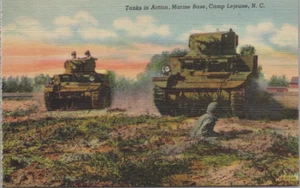 Camp Lejeune Marine Base Tanks in Action Training 1940s NC Linen Postcard - Picture 1 of 1