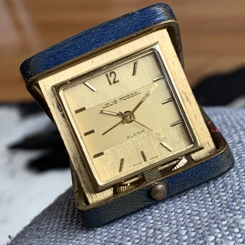 Vintage 60's Louis Rossel Travel Alarm Clock - Gold Tone & Blue Leather Cover