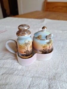 Vintage Noritake Japan Condiment Set Salt Pepper Mustard Jar Spoon Tray Meadow - Picture 1 of 7