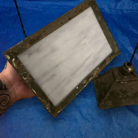 32” Rare Antique Industrial Pendant Retractable Fixtures Stained Glass 59F Cover