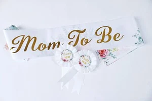 Baby Shower Decorations Floral Sash Tinplate Badge Mommy To Be Daddy To Be - Picture 1 of 7