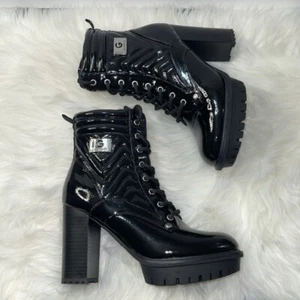 Guess Lace Up Combat Platforms Patent Boot Black Quilted Chunky Block Heeled 7.5 - Picture 1 of 10