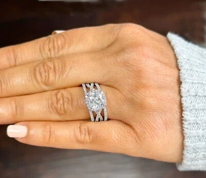 IGI Certified 14K Solid White Gold Cushion Diamond Engagement Ring And Band 3.40 - Picture 1 of 16