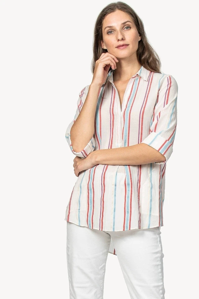 Túnica a rayas teñida hilo Lilla P con bolsillos popover playa manga 3/4 algodón Foto 1 de 4