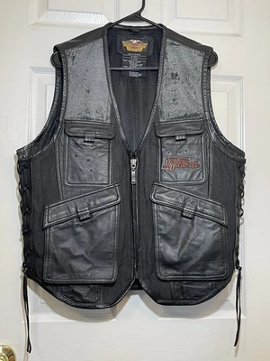 HERMOSO Chaleco de Cuero Harley Davidson CON MUCHOS BOLSILLOS DE ALMACENAMIENTO ENVÍO GRATUITO Foto 1 de 4