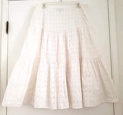 VTG 90s DAVID MEISTER Skirt Cotton Voile White Eyelet Lace Tiered Midi Sz 12 - Image 1 of 4