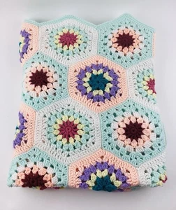 Vintage Crochet Afghan Blanket Hexagon Granny Square Multicolor Handmade Pastel - Picture 1 of 10