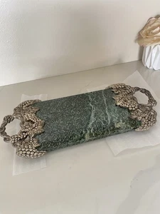 Vintage Godinger Silver Plated Handles Grape & Vine Green Marble Serving Tray - Picture 1 of 4