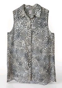 Chicos No Iron Linen Sleeveless Tunic 1 M 8 10 Black Tan Leopard Print Button Up - Picture 1 of 11