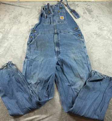 Vtg Carhartt Denim Bib Overalls Distressed Faded Workwear 42x34 USA Hardware - Image 1 of 4