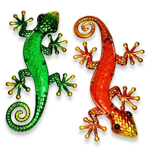 G128 Green Orange Lizard Gecko Metal Wall Art Set Indoor Outdoor Hanging Decor - Picture 1 of 9