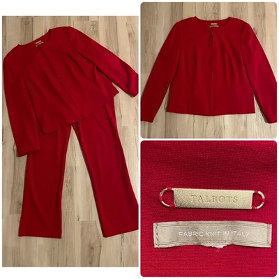 Traje Pantalón Talbots Italiano Lujo Tejido Talla 14 Rojo Sin Cuello Cremallera Blazer Etiqueta Dorada Foto 1 de 4