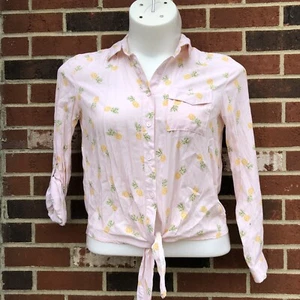 Love Notes Women Pink Long Sleeve Blouse M Pineapple Tie Front NWOT - Picture 1 of 7