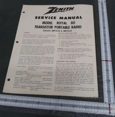 Zenith Service Manual Model Royal 80 Transistor Radio 8MT51Z8 8MT51Z9 - Image 1 of 4