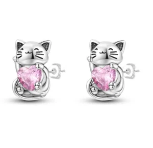 Crystal Cat Heart Earrings Minimal Earrings 925 Sterling Silver Stud Earrings - Picture 1 of 1
