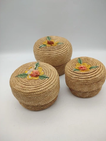 3 VINTAGE ROUND NESTING BASKETS WITH LIDS FLOWERS Cover