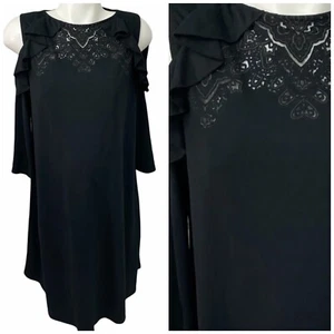 Isabel Maternity Dress Womens XS Black Ruffle Cold Shoulder Shift Knee Length - Picture 1 of 14