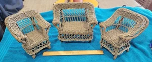 1920'S VINTAGE ORNATE WICKER SET DOLL 2 CHAIR LOVESEAT ARM CHAIRS hand made - Picture 1 of 12
