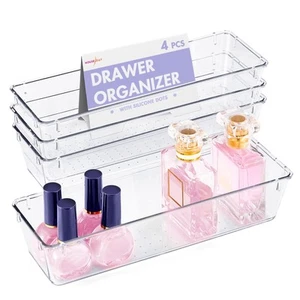 Desk Drawer Organizer Bins 4 PCS, 9*3*2" Clear Drawer Organizers with Silicon... - Picture 1 of 8