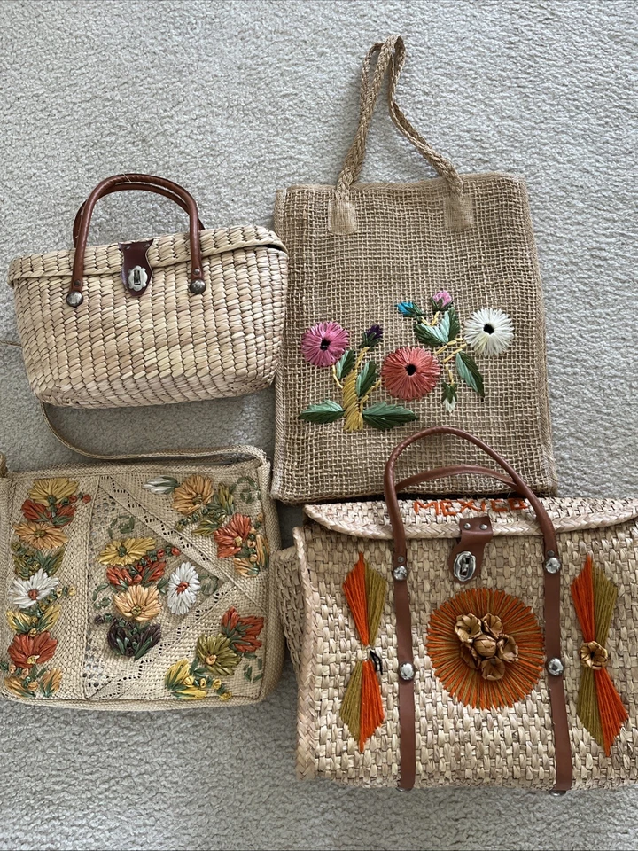 True Vintage Lot Of  4 1970s Straw Raffia Totes Purses Bags - Image 1 of 4