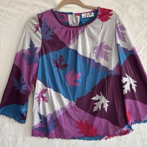 Vintage Vera Neumann Blouse Top Medium Long Sleeve Mod Leaves Purple - Picture 1 of 11