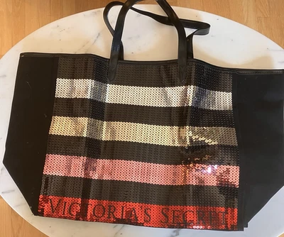 Victorias Secret Weekender Totebag Black Sequins Red Pink Silver Gold 13.5x15.5" - Image 1 of 4