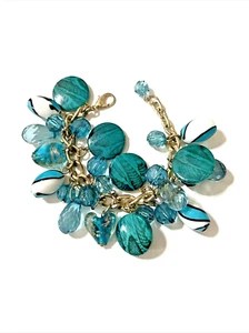 Teal Blue Cha-Cha Bracelet Beads Disks & Faceted Glass Hearts Silver Tone 7 1/2" - Picture 1 of 9