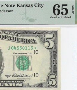 1950B 5 $ KANSAS CITY * STAR * ⭐️ FRN. PMG GEM Banknote mit 65 EPQ Stempelglanz. - Bild 1 von 3
