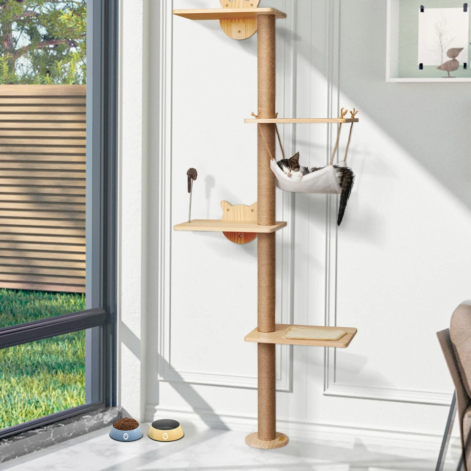 COZIWOW Wall Mounted Scratching Post 4-Tier Cat Climbing Tower Cat Perch Hammock - Image 1 of 4