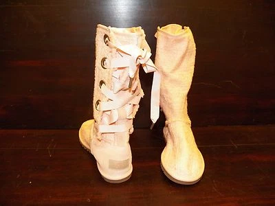 New Womens UGG Heirloom Lace Up Apricot Cotton Shearling Sheepskin Boots bow - Image 1 of 4