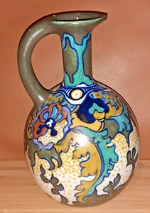Art Deco Gouda Studio Pottery Holland Small Handled Jug Vase Blue Green Damaged - Picture 1 of 5