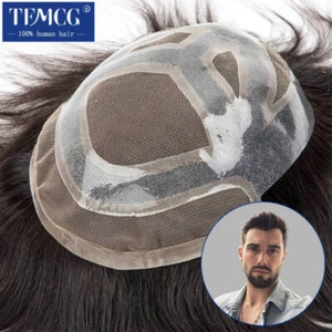 2023 Men's wig with Pu breathable 100% natural human hair wig Men's wig - Foto 1 di 30