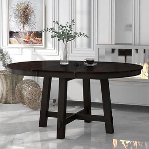 TREXM Farmhouse Round Extendable Dining Table with 16" Leaf Wood Kitchen Table ( - Picture 1 of 11
