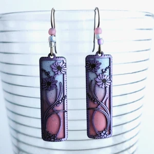 Adajio Purple Pink Floral Earrings Layered Filigree Painted Made in Colorado 2" - Picture 1 of 7