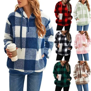Plus Size Women Winter Fleece Fur CHECK Hoodies Hooded Pullover Sweatshirts Coat - Picture 1 of 31