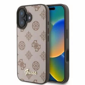 Hülle iPhone 16 Guess Kunstleder rosa braun Logo goldfarben MagSafe kompatibel - Bild 1 von 4