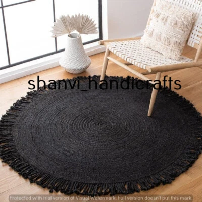 Black Color Bohemian Round Rug Jute Rug Braided Rug Jute Rug Indian Area Rag Rug - Image 1 of 3