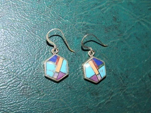 MULTI STONE INLAY STERLING EARRINGS TURQUOISE LAPIS OPAL SPINY OYSTER SUGILITE - Picture 1 of 2