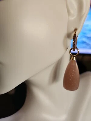 Rarities Carol Brodie Silver 925 Peach Moonstone & Diamond Earrings 1 3/4" NWOT  - Image 1 of 4