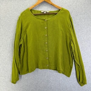 FLAX Large Lime Green Blouse Button Front Linen Shirt Long Sleeve Top Round Neck - Picture 1 of 15