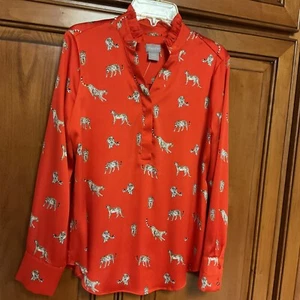 NWT - CHICO’S Size 00P Ruffle Neck LS Popover Blouse Orange Leopard Print Silky - Picture 1 of 10