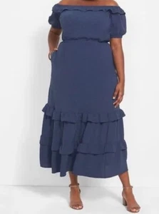 New Lane Bryant Size 20 Dress Navy Off Shoulder Ruffles Swiss Dot Org $100 1k - Picture 1 of 13