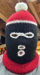 Ski Mask Balaclava Black Red White 4 Hole Double Layer Winter Hat with pom pom - Picture 1 of 6