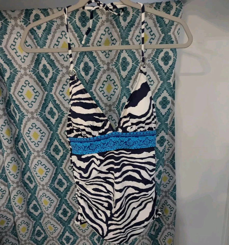 Tommy Bahama Ladies Size S Black White Animal Print Halter Tankini Swim Top - Image 1 of 4