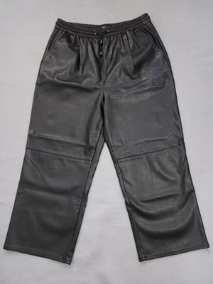 Next Faux Leather Trousers Size 14 Elasticated Lined High Waist Cropped - Image 1 of 4