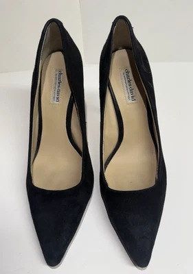 CHARLES DAVID Emmanuelle Chriqui Suede Black Pumps Heels Embroidered Size 7 - Image 1 of 4