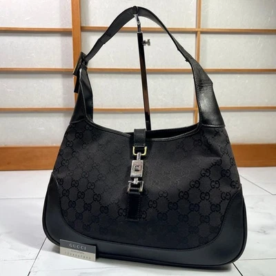Gucci Jackie Tote One-Shoulder Bag GG Canvas Leather Black Made in Italy Women's - Image 1 of 4