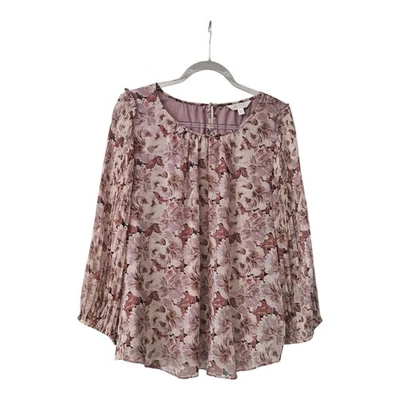Lauren Conrad Womens XL Blouse Purple Floral Sheer Overlay Lined Keyhole Button - Image 1 of 4